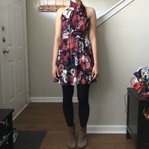 Modcloth Small Navy and Red Floral Halter Tie-Neck Dress NWOT